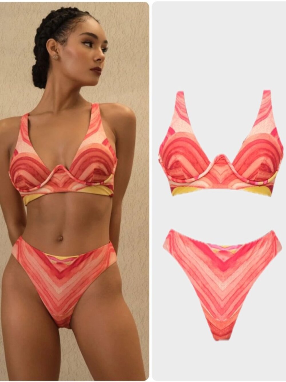 Andrea Iyamah Kasa Bikini Set Chevron Underwire Top High Waisted Bottom New XS S